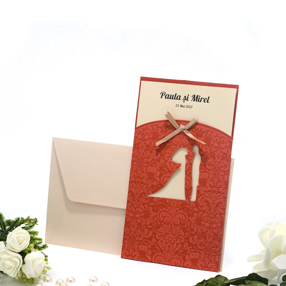 Invitatie De Nunta Florala Visiniu Cu Fundita Crem 115424 Tbz Invitatie De Nunta