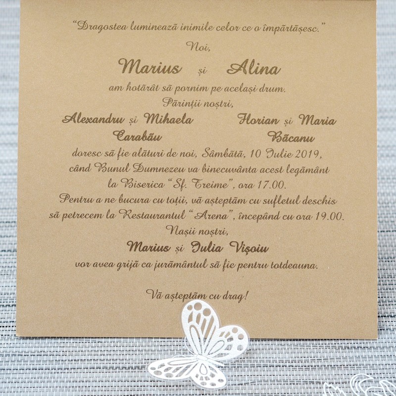 Invitatie De Nunta Aurie Florala Cu Fluture1116 Polen Invitatie