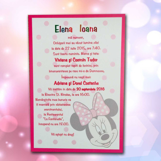 Invitatie de botez roz cu Minnie Mouse 100 LARA BABY