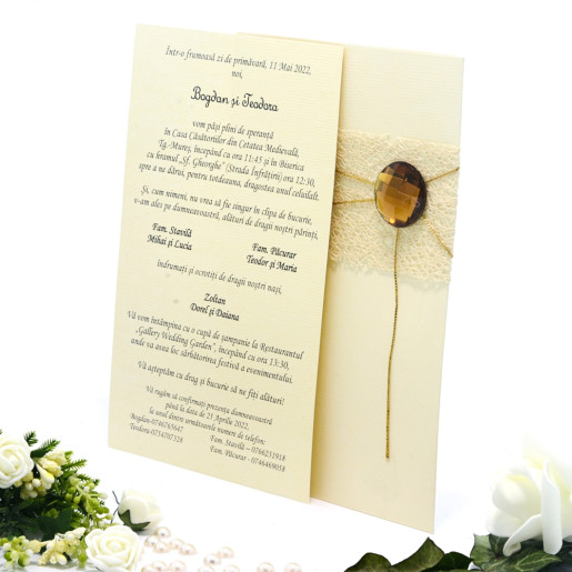 Invitatie de nunta eleganta crem cu piatra maro 107014 TBZ