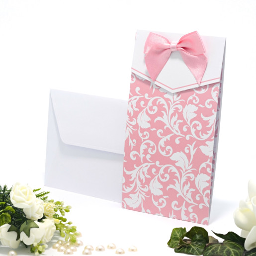 Invitatie de nunta roz cu fundita 115423 TBZ
