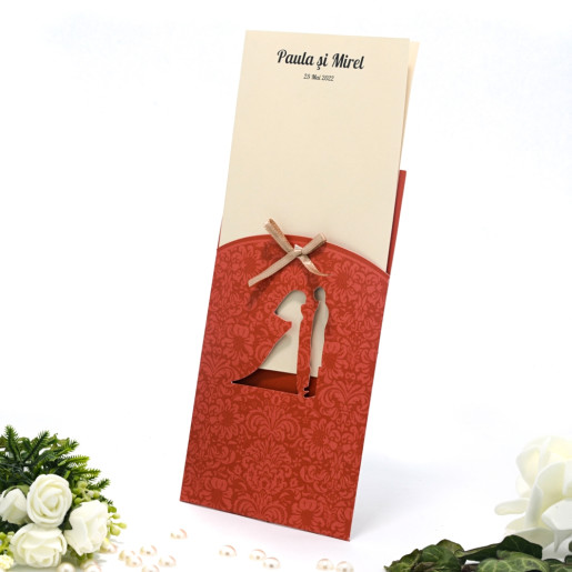 Invitatie de nunta florala visiniu cu fundita crem 115424 TBZ