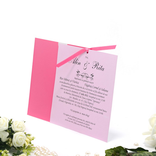 Invitatie de nunta roz cu tema florala 115435 TBZ