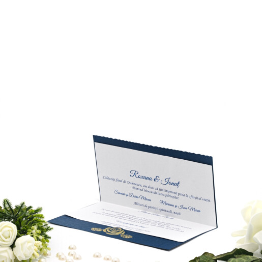 Invitatie de nunta albastra cu floare aurie 150033 TBZ