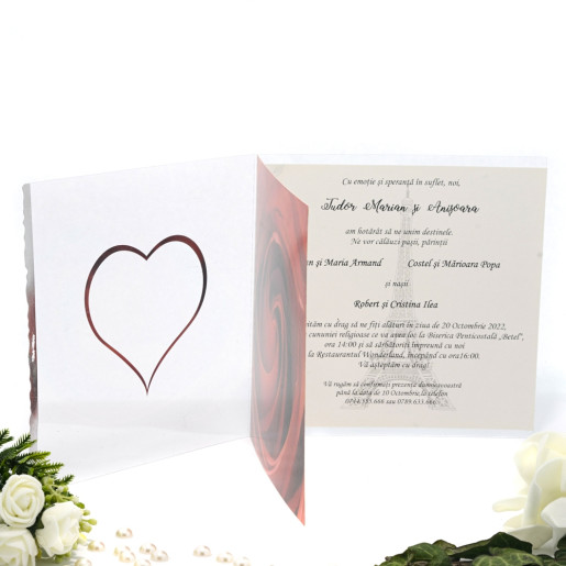 Invitatie de nunta cu trandafir rosu si inimioara aurie 150041 TBZ