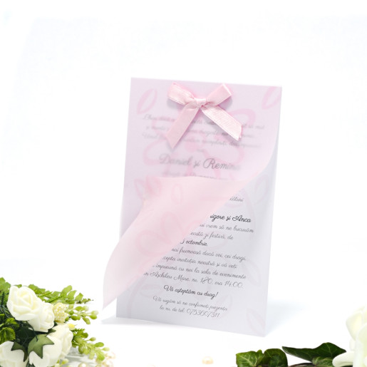 Invitatie de nunta florala cu calc roz si fundita 160010 TBZ