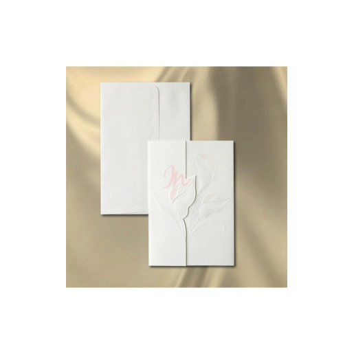 Invitatie de nunta din carton alb, tiparit in relief cu tema florala cu cale.