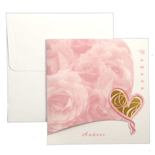 Invitatie de nunta cu trandafiri roz si inimioara aurie 150042 TBZ