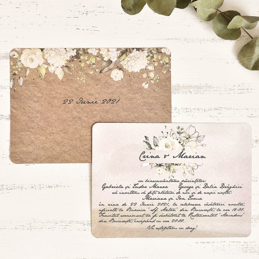 Invitatie de nunta vintage cu flori albe 39782 ECONOMIQ