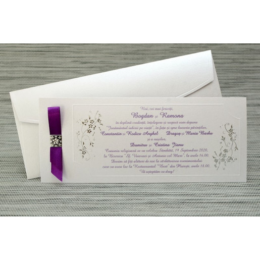 Invitatie de nunta alba sidefata cu motive florale argintii 35291 Polen 