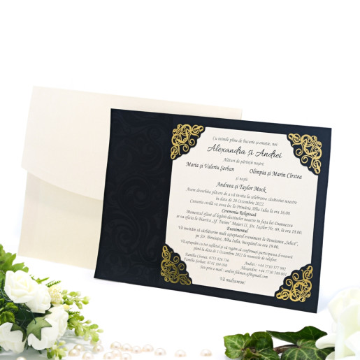 Invitatie de nunta eleganta cu insertii florale negru si auriu 2122 TBZ