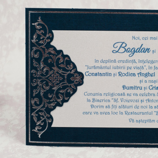 Invitatie de nunta albastra cu model argintiu 2192 STYLISH