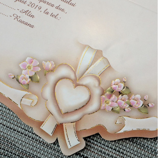 Invitatie de nunta papirus crem cu floricele roz 20475 Polen 