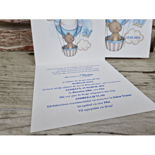 Invitatie De Botez Cu Ursulet Si Balon Cu Aer Cald 606 TH