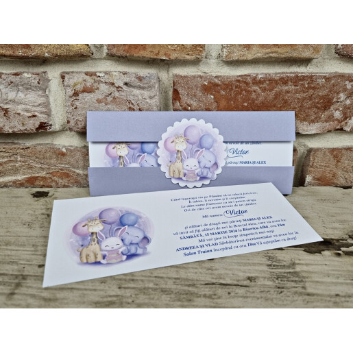 Invitatie De Botez Cu Mov Si Animalute 611 TH