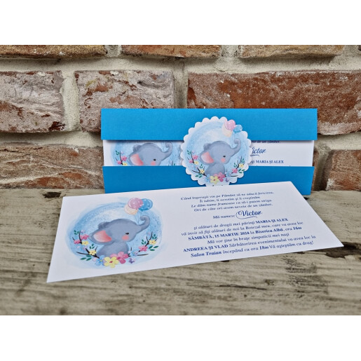 Invitatie De Botez Albastru Cu Elefant 612 TH