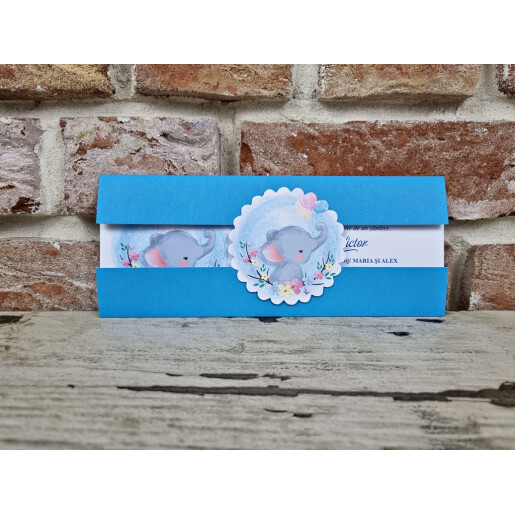 Invitatie De Botez Albastru Cu Elefant 612 TH