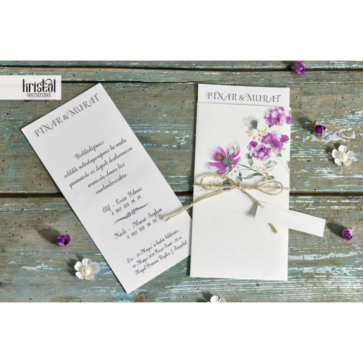Invitatie de nunta eleganta florala mov cu sfoara 70213 KRISTAL