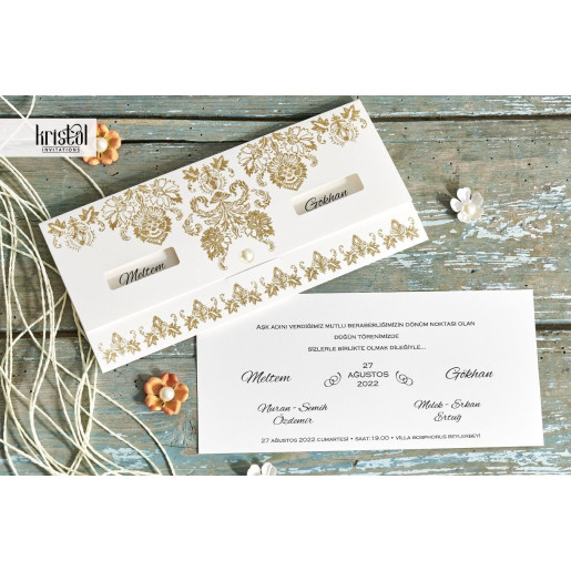 Invitatie de nunta florala cu sclipici auriu 70339 KRISTAL
