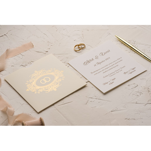 Invitatie de nunta eleganta cu verighete aurii 9117 EKONOM