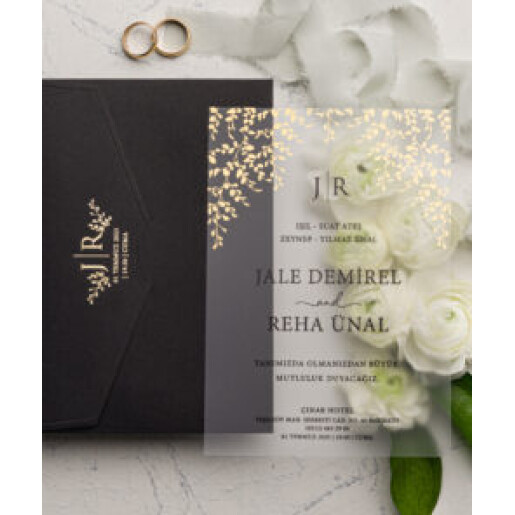 Invitatie de nunta din plastic lauri aurii cu plic 9214 EKONOM