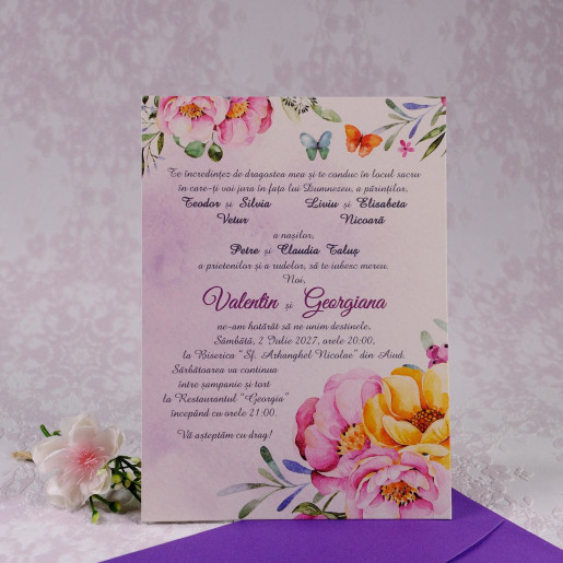 Invitatie de nunta florala cu plic mov 2210 Polen 