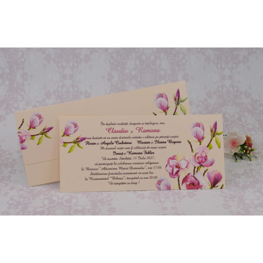 Invitatie de nunta crem cu model floral mov 2204 Polen