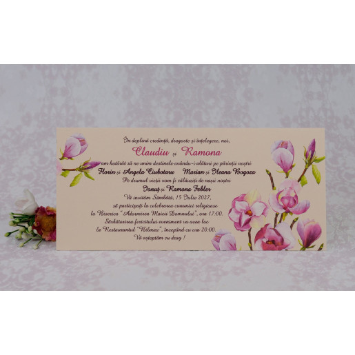 Invitatie de nunta crem cu model floral mov 2204 Polen