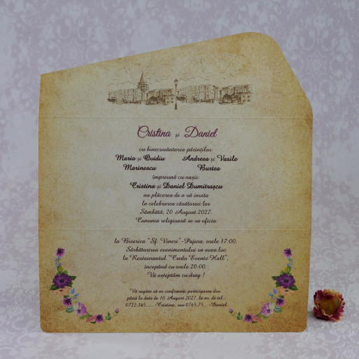 Invitatie de nunta maro florala in forma de plic 2208 Polen 
