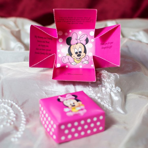 Invitatie de botez tip cutiuta roz cu Minnie Mouse 3621B