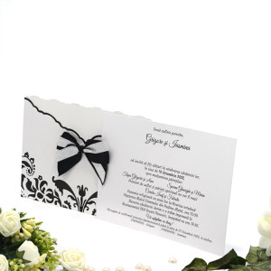 Invitatie de nunta florala cu funda negru si argintiu 115421 TBZ