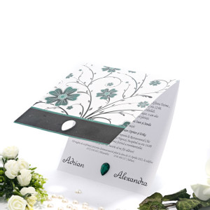 Invitatie de nunta florala cu verde negru si gri 2106 TBZ