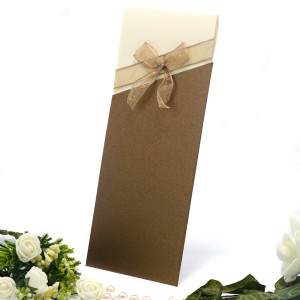Invitatie de nunta eleganta bronz cu fundita maro 107006 TBZ