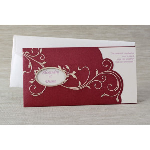 Invitatie de nunta visinie cu model auriu si frunzulite 20861 Polen