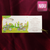 Invitatie de nunta haioasa verde cu miri pe bicicleta140012 TBZ