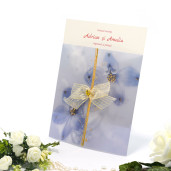 Invitatie de nunta cu calc albastru si floricele aurii 125048 TBZ