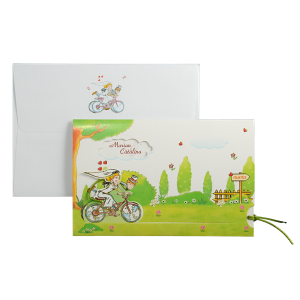 Invitatie de nunta haioasa verde cu miri pe bicicleta140012 TBZ